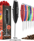 Game Changing Handheld Milk Frother Wand Battery Operated Stainless Steel Drink Mixer For Milk Coffee Lattes Cappuccino Frappe Matcha Hot Chocolate With Stand Gift shown with box and multiple color options