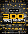 Kick-Ass 20V Max Brushless Cordless 3-Tool Combo Kit Featuring Half Inch Drill Driver, Quarter Inch Impact Driver, Oscillating Multi Tool With Three Durable Batteries And Turbo Charger For Home Improvement And Handyman Household Projects display of 300+ DEWALT tools and accessories in various sizes and designs.