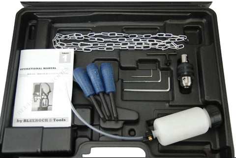 Badass Magnetic Drill With Integrated Knock Out Mode For Serious Construction Grinds set including tools, manual, and accessories.