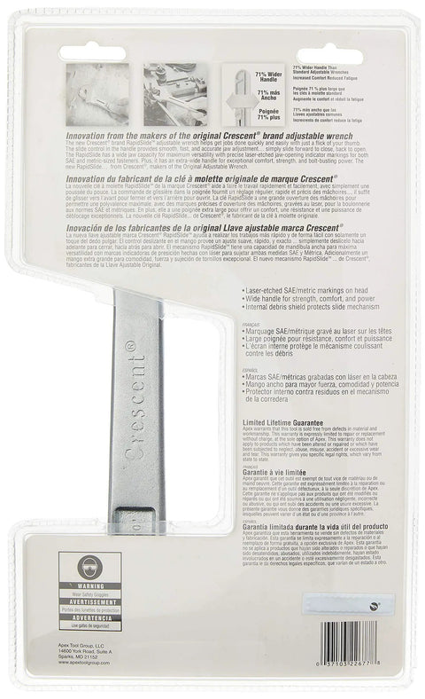 Back packaging of RapidSlide Adjustable Wrench Set with instructions and warranty details visible, tool handle partially shown.
