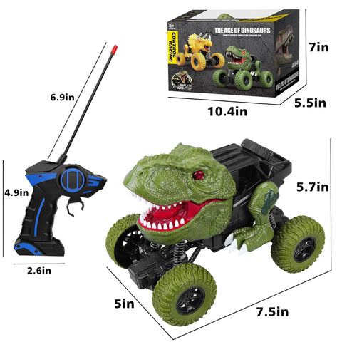 Awesome All Terrain Dinosaur RC Car For Kids With 2.4Ghz Remote Control shown with dimensions and remote controller
