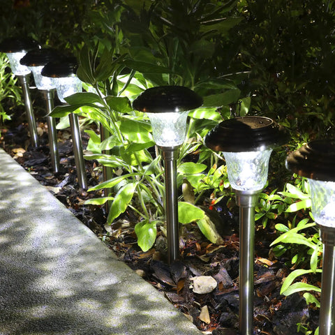 LED Solar Powered Outdoor Landscape Path Lights With Stainless Steel And Glass Lens Built Tough For Weather, illuminating garden