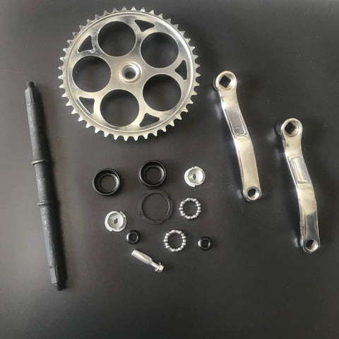 44T Wide Crank Assembly Kit for Gas Motorized Bicycle, 3 Piece Set with components arranged on black background