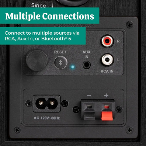 Back panel of powered bookshelf speakers with built-in amplifier, showing RCA, Aux, and Bluetooth 5 connections.