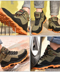Waterproof Steel Toe Work Boots For Men With Wide Toe Design in Olive Green, showing non-slip sole and durable leather material.