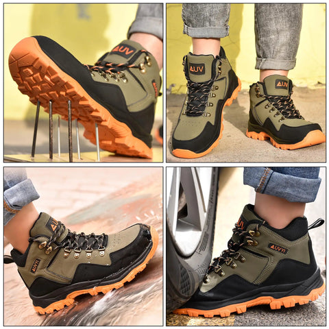 Waterproof Steel Toe Work Boots For Men With Wide Toe Design in Olive Green, showing non-slip sole and durable leather material.