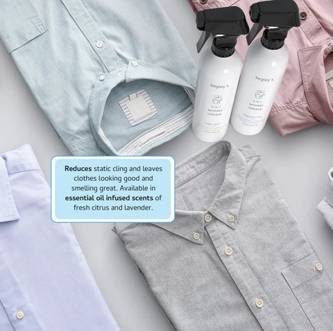 The Ultimate 3 In 1 Wrinkle Release Spray That Kicks Static Cling And Cuts Odor For Crisp Clothes Without Ironing In A Legit Plant Derived Quick Fix 3 Oz Travel Bottle With No Sweat Fabric Refresher Power next to folded shirts.