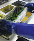 14 Inch Cut Resistant Steam Gloves For Hot And Wet Jobs Nitrile Outer Shell With Steam Guard Vapor Watertight Seam Sealed Pair Medium Size Ideal For Dishwashing And Steam Pan Handling in use handling food tray.