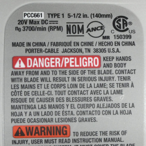 PCC661 20V Max Porter Cable 5.5 Inch Circular Saw Bare Tool safety label with warnings in multiple languages.