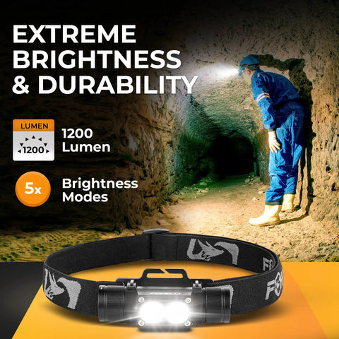 Ultra Bright Rechargeable Headlamp With 1200 Lumen LED IPX7 Waterproof 18650 Battery Included Five Light Modes And Memory Function