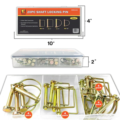 20 Pack Trailer Hitch Pins Set With 1/4, 5/16, And 3/8 Inch Diameters Zinc Plated Heavy Duty Shaft Locking Pins in storage box