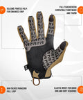 FDT Delta Utility Gloves with touchscreen compatibility, showing palm details, silicone print, and pull loop in coyote brown.