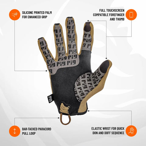 FDT Delta Utility Gloves with touchscreen compatibility, showing palm details, silicone print, and pull loop in coyote brown.