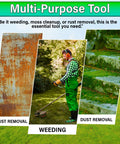 Multi-purpose tool showcasing rust removal, weeding, and dust removal using 10 Inch Steel Wire Trimmer Head With Universal Fit For Popular String Trimmers Tough As Nails Wire Brush Cutter Head For Lawn And Garden Heavy Duty Wacker Attachment.
