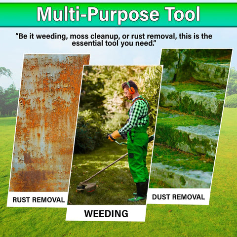 Multi-purpose tool showcasing rust removal, weeding, and dust removal using 10 Inch Steel Wire Trimmer Head With Universal Fit For Popular String Trimmers Tough As Nails Wire Brush Cutter Head For Lawn And Garden Heavy Duty Wacker Attachment.