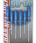 Six Piece Pro Grade Screwdriver Set SD-6A With Heat Treated Alloy Steel Blades And Durable Acetate Handles In Blue Built For Heavy Duty Jobs And DIY Pros in packaging.