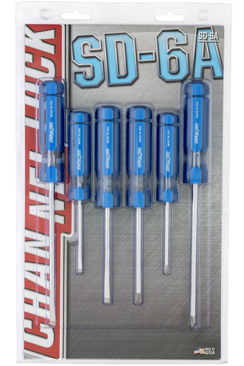 Six Piece Pro Grade Screwdriver Set SD-6A With Heat Treated Alloy Steel Blades And Durable Acetate Handles In Blue Built For Heavy Duty Jobs And DIY Pros in packaging.