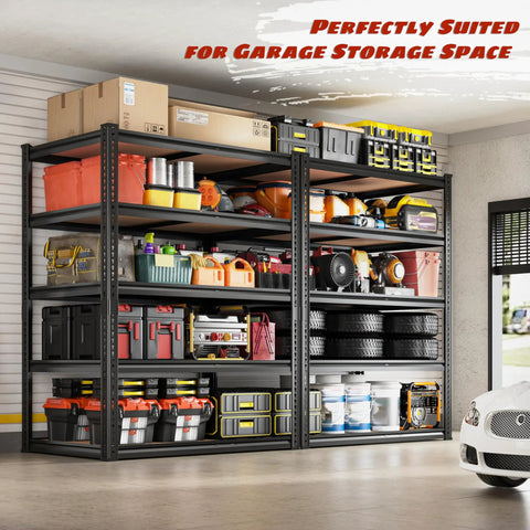 Heavy Duty 2250 Lb 5 Tier Garage Storage Shelves With Adjustable Metal Utility Rack For Warehouse Pantry Closet And Kitchen 72 Inch Height 35.56 Inch Width 16 Inch Depth Black filled with garage items