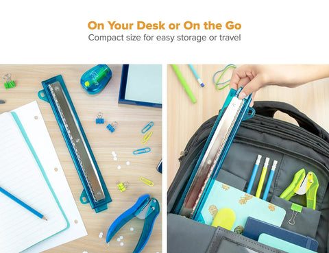 3 Hole Punch For Ring Binders With Integrated Ruler And Five Sheet Capacity, showing compact design on desk and in backpack.