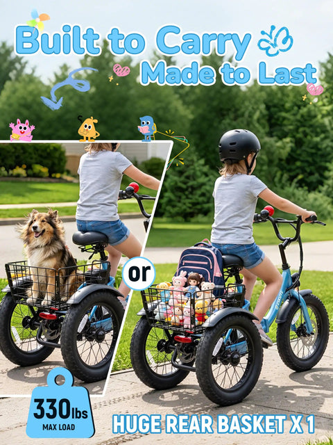 Kid Electric Tricycle With Three Wheels For Stability Fat 16x3 Tires 500W Peak Motor 378Wh Battery Top Speed 12.5 MPH Foldable Frame Beginner Friendly For Kids Ages 6 Plus Blue For Outdoors, rear basket