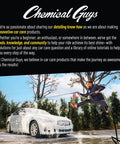 Person washing car with hose and foam; Chemical Guys detailing know-how text above.