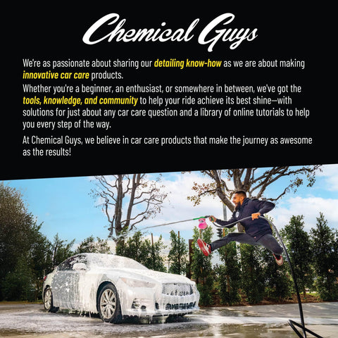 Person washing a car with foam, holding a hose, surrounded by trees, representing Chemical Guys' car detailing products.