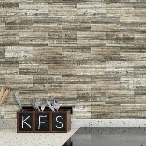 Peel And Stick Tile Backsplash Kit 102-Piece 3x6 Subway Tan Tiles For Kitchen And Bath shown on countertop background