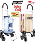 Stair Climber Trolley Dolly Cart With 6 Wheel Design holding water jug and box, lightweight, 110 lbs capacity, folding utility wagon.