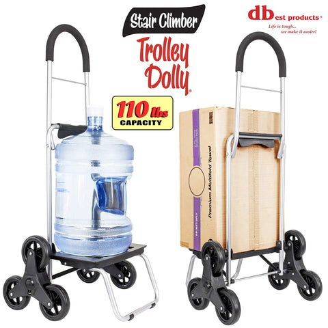 Stair Climber Trolley Dolly Cart With 6 Wheel Design holding water jug and box, lightweight, 110 lbs capacity, folding utility wagon.