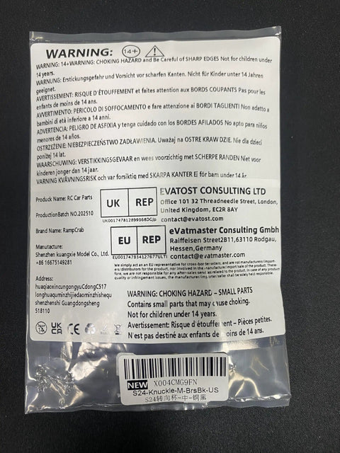 Packaging of Brass Steering Knuckles RC Counterweights For 1/24 Crawler Axial SCX24 AX24 Upgrades with warning labels.