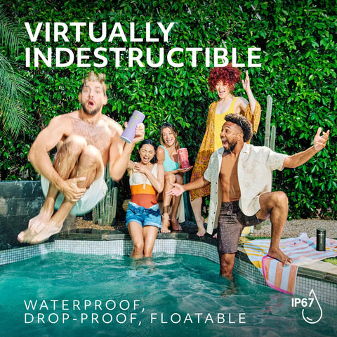 People having fun by a pool with Boom 4 Portable Waterproof Bluetooth Speaker With 360 Degree Sound Crystal Clear Audio And Bass Floating Design