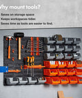 44 Piece Wall Mounted Pegboard Kit With Bins And Panel Set organizing tools in a garage with orange and gray bins.