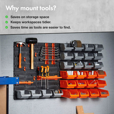 44 Piece Wall Mounted Pegboard Kit With Bins And Panel Set organizing tools in a garage with orange and gray bins.