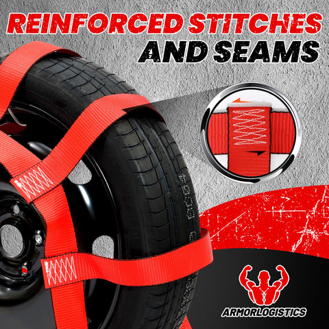 Beefy 2 Pack Tow Dolly Straps With Flat Hooks For 14 To 17 Inch Wheels 10000 Lbs Break Strength showing reinforced stitching and seams