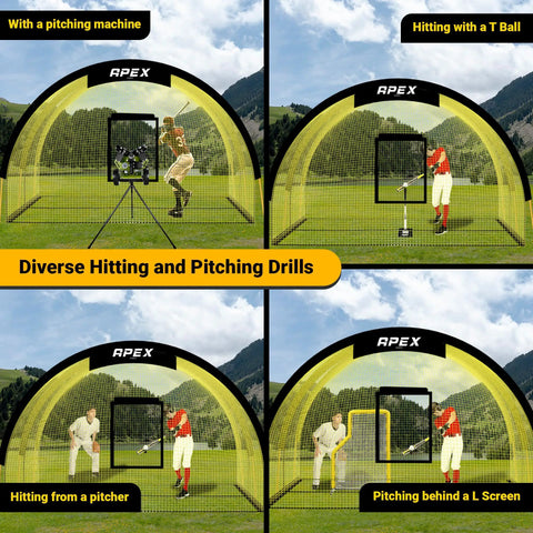 Portable Baseball And Softball Batting Cage With Pitching Machine Hole, demonstrating various hitting and pitching drills.