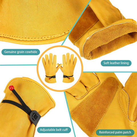 Six Pairs Tough As Nails Large Cowhide Leather Work Gloves With Reinforced Palm And Stretchable Wrist close-up details