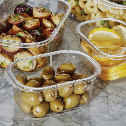 Crystal Clear Food Storage Containers Set Of 5 For Meal Prep And Leftovers No-Brainer, with BPA-Free Tritan lids and bases, in use