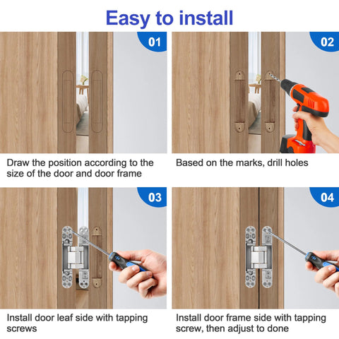 Installation steps for 2 Pack 6 Inch Hidden Door Hinges For Doors Concealed Invisible Hinges With 180 Degree Swing Heavy Duty