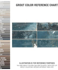 Grout color reference chart with blue brick-style porcelain wall tile, showing variations; for bathroom or kitchen backsplash use.
