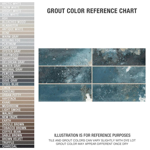 Grout color reference chart with blue brick-style porcelain wall tile, showing variations; for bathroom or kitchen backsplash use.