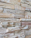 Close-up of 3D Wood Wall Panels Set of 10 Reclaimed Barnwood Planks for Rustic DIY Wall Decor Weathered White Finish No Tools Needed