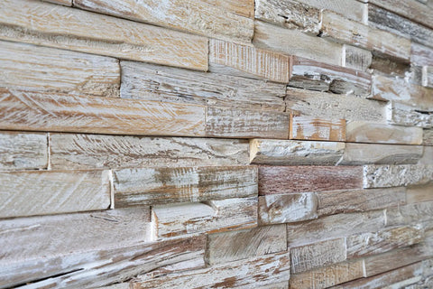 Close-up of 3D Wood Wall Panels Set of 10 Reclaimed Barnwood Planks for Rustic DIY Wall Decor Weathered White Finish No Tools Needed