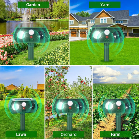 Solar Ultrasonic Animal Repellent Dual Action With Motion Sensor And Flashing Light Keeps Critters Like Squirrels Raccoons And Rabbits Out Of Your Yard And Garden Outdoor 2 Pack on stake