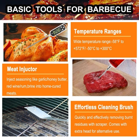 24 Piece BBQ Tool Set With Meat Thermometer And Injector In Extra Thick Stainless Steel Includes Spatula Fork Tongs Cleaning Brush Skewers And Aluminum Case shown in use on a grilled chicken and steak, highlighting essential tools and temperature ranges for outdoor cooking.