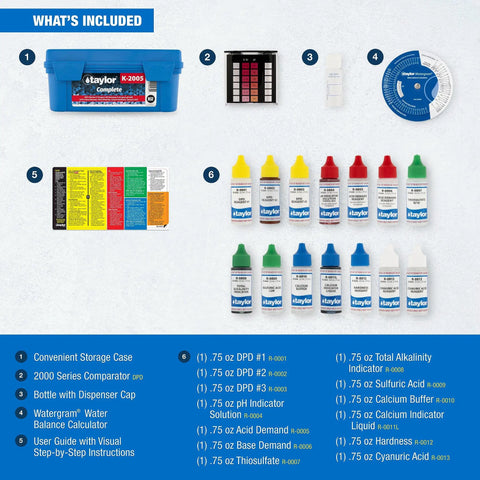 Straightforward 9-In-1 Dpd Pool Spa Water Testing Kit With Hardshell Carry Case display of included components in organized layout.