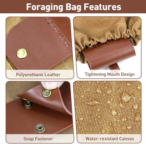 Foraging Bag For Outdoors Grab And Go Waxed Canvas Pouch Water Resistant Collapsible Brown Mushroom Forage Belt Tool Bag Features