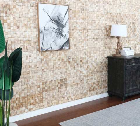 Reclaimed Wood 3D Wall Panels Kit 10 Handcrafted Planks for Rustic DIY Wall Decor, 9.5 Sq Ft Coverage installed on living room wall