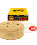 Box and stack of Premium 80 Grit Gold Sandpaper Discs 6 Inch With 6 Hole Dustless Hook And Loop Backing For DA Sander