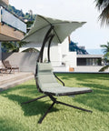Outdoor Chaise Lounger Swing Chair With Umbrella Canopy Hanging Patio Chair With Stand Curved Steel Cantilever Lounge