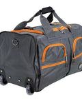 22 Inch Polyester Rolling Duffel Bag With Expandable Design, Full Lining And Internal Handle, Charcoal Color, Two Large Front Pockets, Clear Skate Wheels